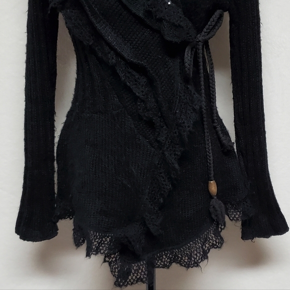 FORLA Paris Boho Goth Black Eyelet Lace Sequin Asymmetrical Tie-Waist Cardigan - Picture 7 of 16